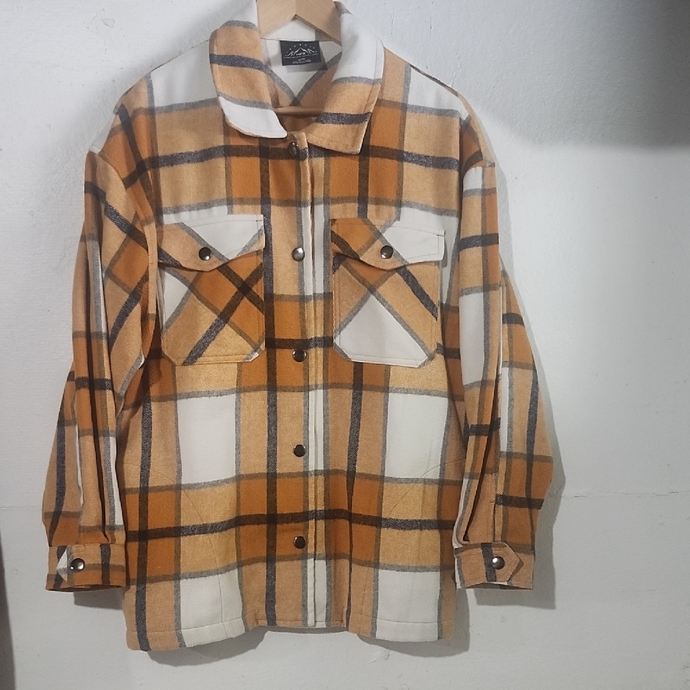 HFX Women's Plaid Flannel Snap Shacket in Orange, Blue and‎ Cream Size Medium